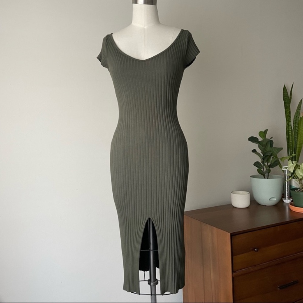 Olive Green Ribbed Knit Dress
